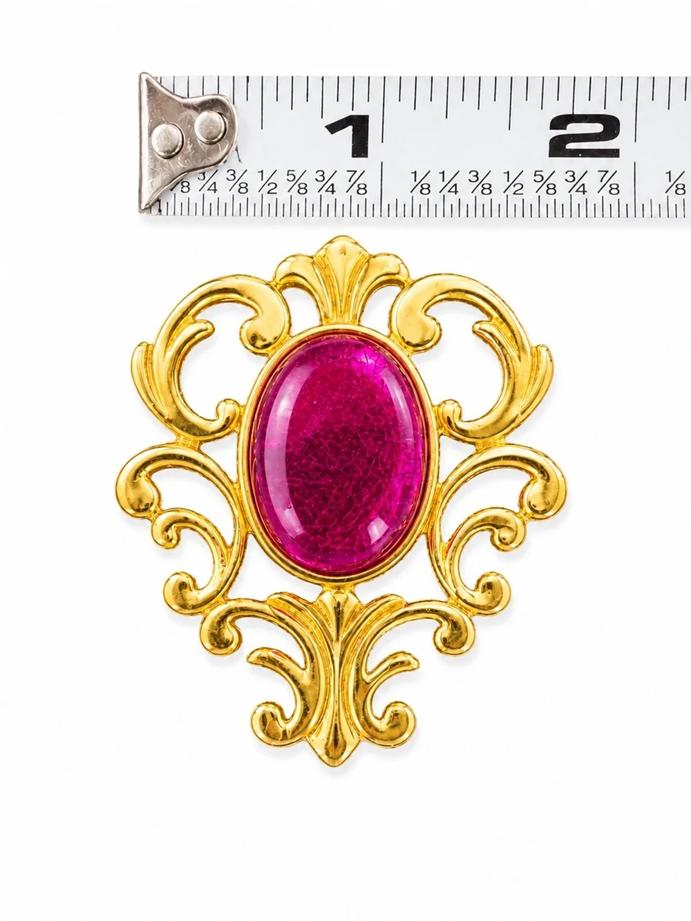 Vintage Signed LR Gold Tone Brooch‎ Hot Pink Glass Cabochon Ornate Statement Pin